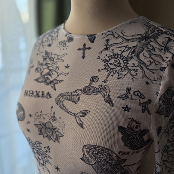 Bear Dance Sheer Tattoo Print Mesh Mini Dress Nude Black Size M - Picture 3 of 7